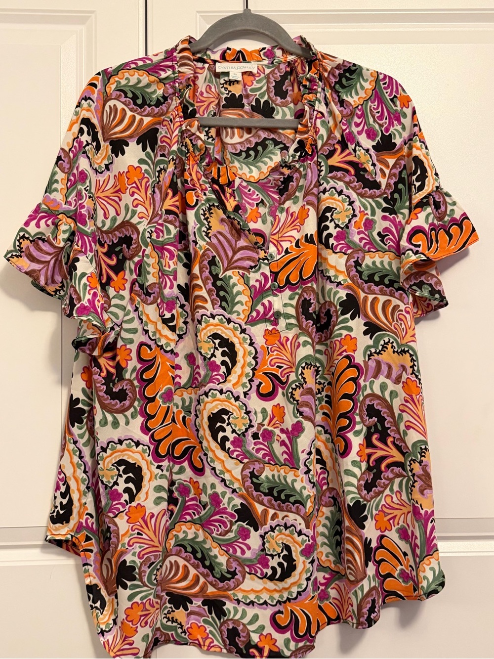Cynthia Rowley Paisley Ruffle Sleeve Top - Orange, Pink, Green, Black